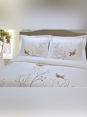 Superior Queen White Embroidered Bird Branch Duvet Cover Set 3 Pc Cotton